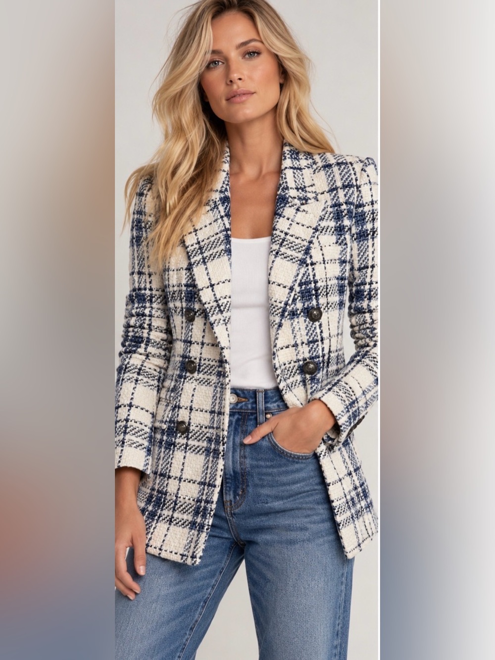Zara Cream and Navy Plaid Double-Breasted Blazer